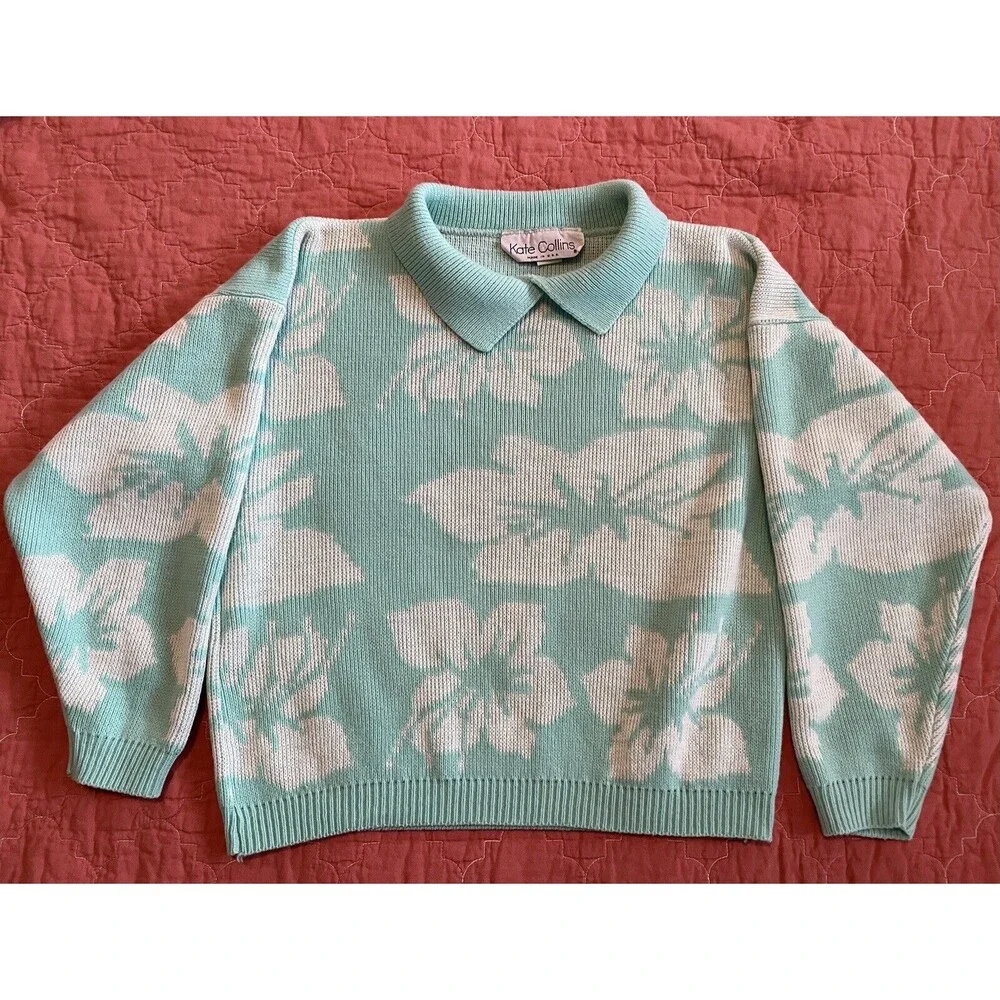 Vintage 90s Kate Collins Aqua Floral Pullover Sweater Tropical Pastel Sz Med